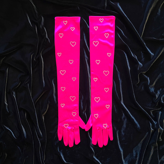 Hot Pink Crystal Hearts Opera Length Gloves