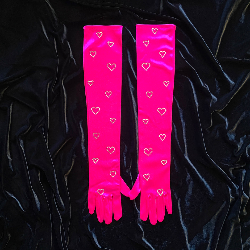 Hot Pink Crystal Heart Opera Length Gloves