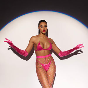 “Glamorous” Crystal Satin Opera Length Gloves | Pink