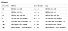 Load image into Gallery viewer, A size chart table labeled 'US Regular' showing brand sizes XS through 3XL, US sizes, under bust measurements in inches, and cup sizes.