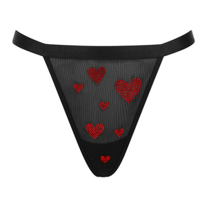 Crystal Heart Mesh Thong | Black