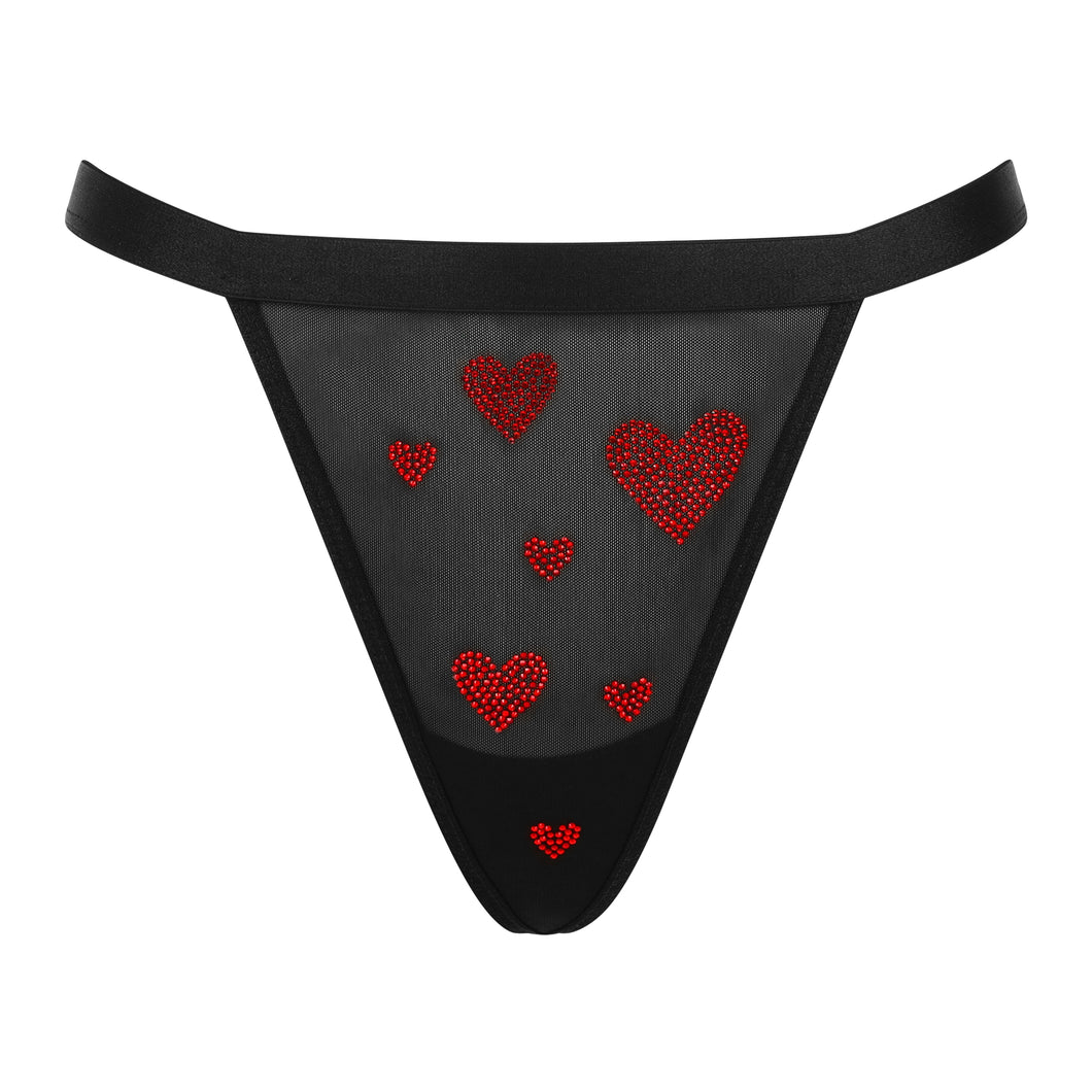 Crystal Heart Mesh Thong | Black