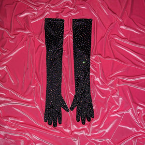 “Glamorous” Crystal Opera Length Gloves | Black